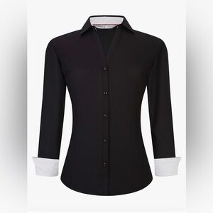 NWT Woman’s Button Down Long Sleeve Stretch Work/Dress Black Shirt White Cuffs